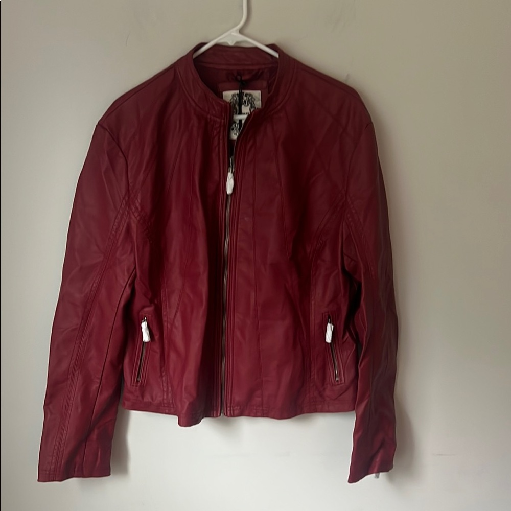 Women's Red Leather Zip Jacket